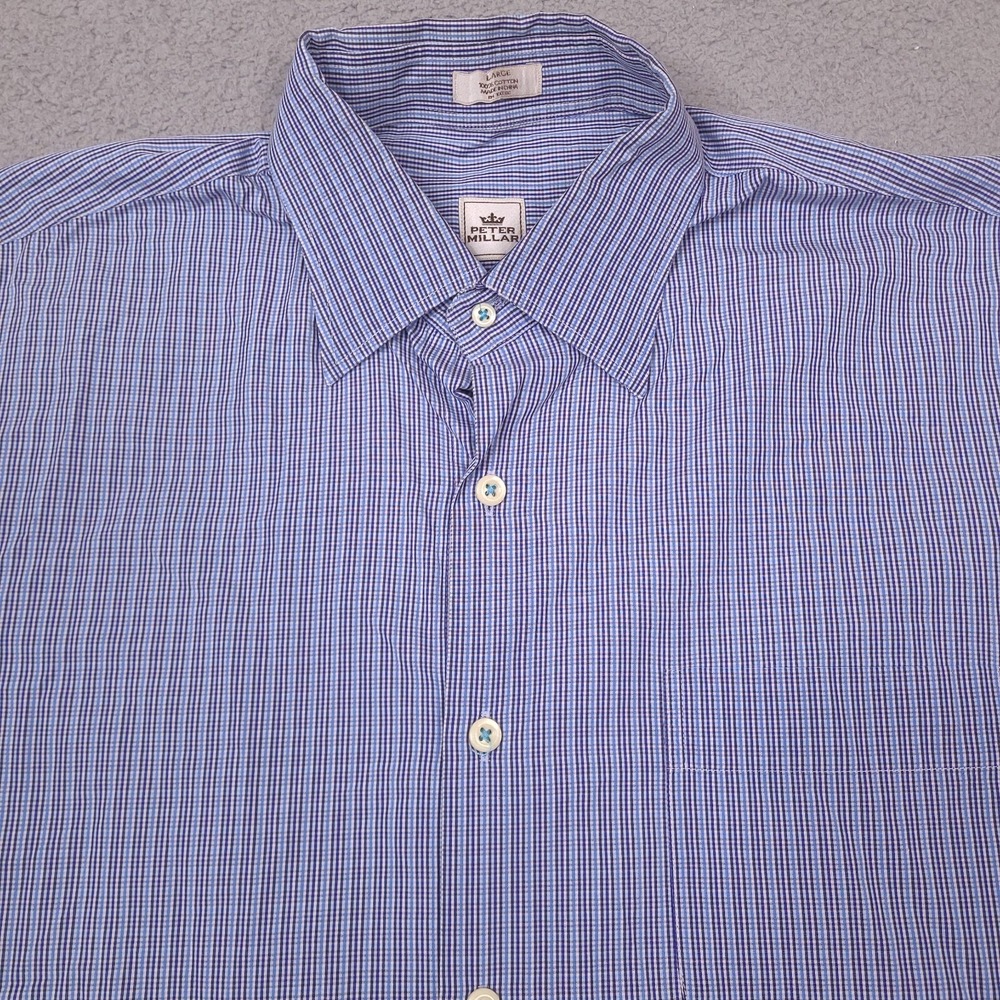 Peter Millar Shirt Mens Large Blue Plaid Button Down Long Sleeve Cotton Pocket